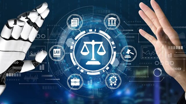 Futuristic Robot Hand Reaching for Iconic Justice Scales Symbolizing Law and Technology Integration in Modern Judiciary System. Entropy.