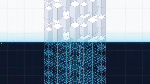 Abstract digital background with isometric blocks and glowing blue grid patterns.