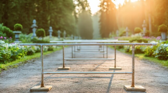 Clear focus on balance training bars positioned outdoors with blurred trees and garden paths creating a peaceful rehab environment.