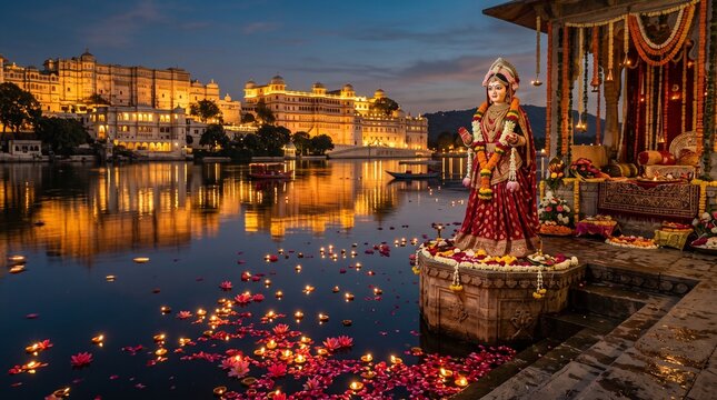 Mewar Festival Goddess Parvati by Lake Pichola with Golden Diyas