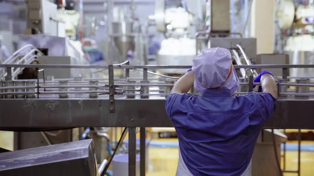 Quality control worker inspecting metal cans on conveyor belt
