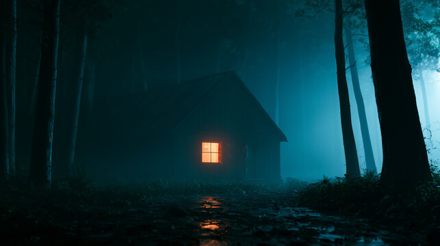 Haunted cabin in dark forest with glowing window for Halloween horror background and spooky night scene. 