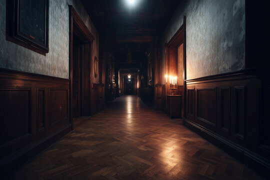 Dark haunted mansion hallway for halloween spooky gothic corridor with eerie candlelight and mysterious atmosphere. 