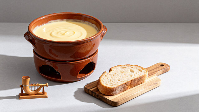 Ceramic cheese fondue pot with melted cheese, bread and carved alphorn, cozy dining concept