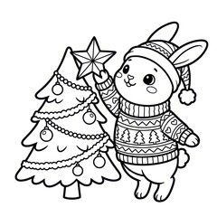 Naklejka premium Cute bunny decorating Christmas tree with star