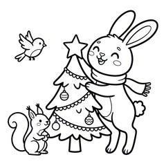 Fototapeta premium Cute rabbit and squirrel decorating Christmas tree