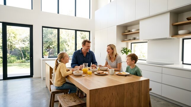 Happy family eating breakfast together in a modern white kitchen home