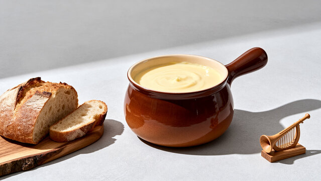 Ceramic cheese fondue pot with melted cheese, bread and carved alphorn, cozy dining concept