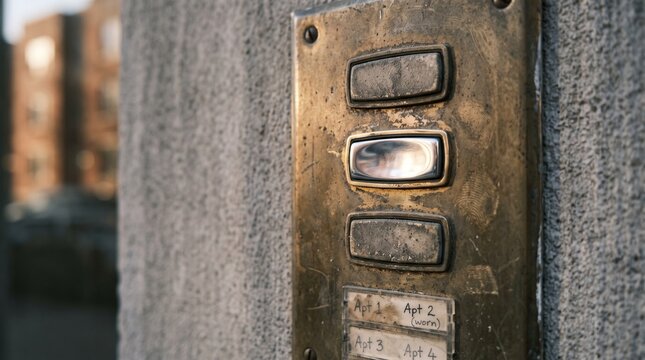 Candid worn doorbell button on an apartment entrance panel, concept of aging in place and social isolation