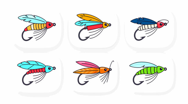 Assorted Colorful Fly Fishing Lures Flat Vector Icons