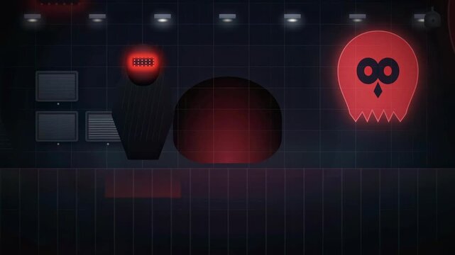 Red Neon Ghost Floating Across Dark Retro Arcade Game Room