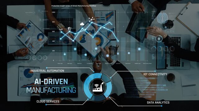 This image showcases advanced technology in AI-driven manufacturing, featuring data analytics and IoT connectivity that enhance productivity and operational efficiency. Raster