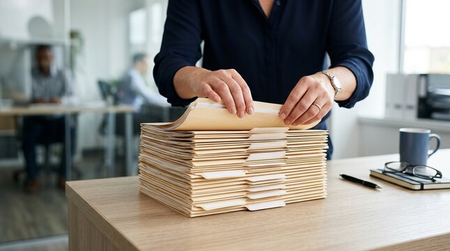 Broker organizing stacked folders before filing them - Customs Clearance and International Trade Compliance Stock Photo
