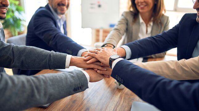 Diverse business team stacking hands together in middle of conference table symbolizing unity teamwork collaboration and corporate partnership success