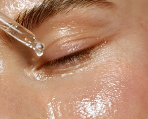 Fototapeta premium Close up of a dropper applying serum to a person's eye area, highlighting glowing, hydrated skin