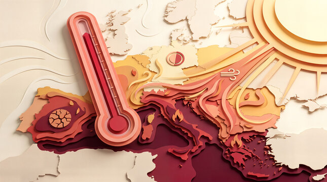 Thermometer over map of Europe depicting extreme heatwave and warming