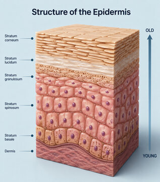 AI generated medical infographic illustrating epidermis structure stratum corneum lucidum granulosum spinosum basale dermis for anatomy education dermatology reference