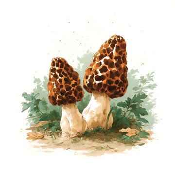 Two delicious morel mushrooms with their distinctive honeycomb caps surrounded by green foliage and fallen leaves