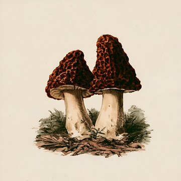 Vintage illustration of two morel mushrooms growing in dry leaves and grass