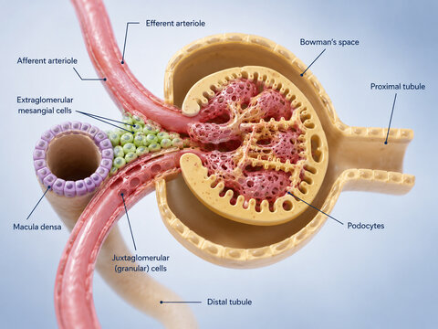 AI generated detailed kidney glomerulus anatomy diagram showing renal corpuscle Bowmans capsule podocytes arterioles nephron structures for medical education research