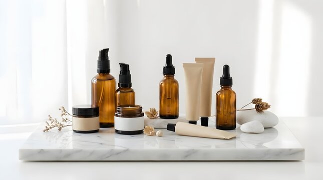 Skincare bottles on marble tray.