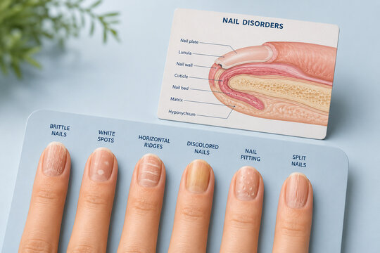 AI generated detailed nail disorders nail anatomy illustration showing healthy nail structure common nail abnormalities clinical reference for medical education healthcare