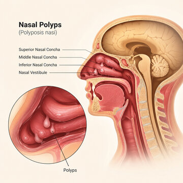 AI generated detailed nasal polyps anatomy cross section of human nasal cavity sinuses airway for medical education healthcare otolaryngology clinical reference