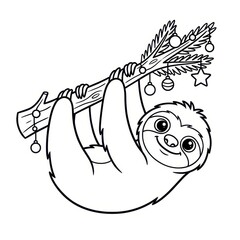 Fototapeta premium Cute sloth on a decorated Christmas tree branch
