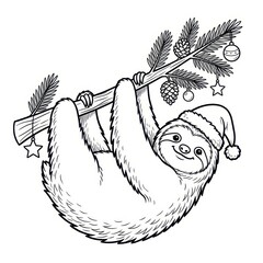 Fototapeta premium Christmas sloth hanging from a decorated tree branch