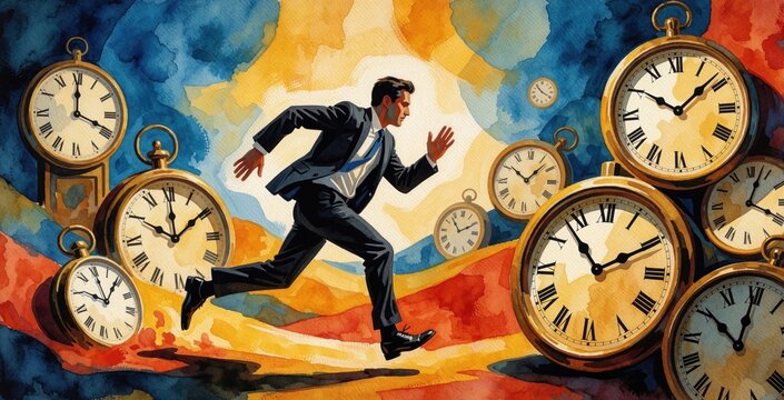 Businessman in suit runs through surreal landscape filled with giant clocks. Colorful abstract background shows man racing against time. Concept of deadline pressure, urgency, fast paced life in
