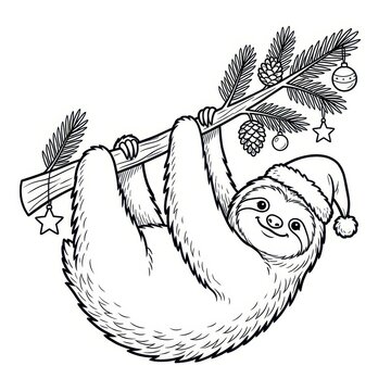 Christmas sloth hanging from a decorated tree branch