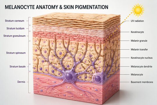 AI generated medical infographic illustrating melanocyte anatomy skin pigmentation epidermis layers melanin transfer keratinocytes UV radiation for dermatology education