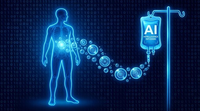 Glowing blue human silhouette receiving artificial intelligence infusion from a medical iv bag against a dark binary code background
