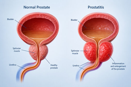 AI generated medical infographic comparing normal prostate prostatitis showing bladder urethra enlarged prostate inflammation anatomical differences for healthcare education