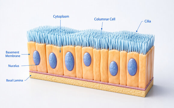 AI generated medical illustration showing ciliated columnar epithelium goblet cells mucus basement membrane basal lamina cellular anatomy for histology education