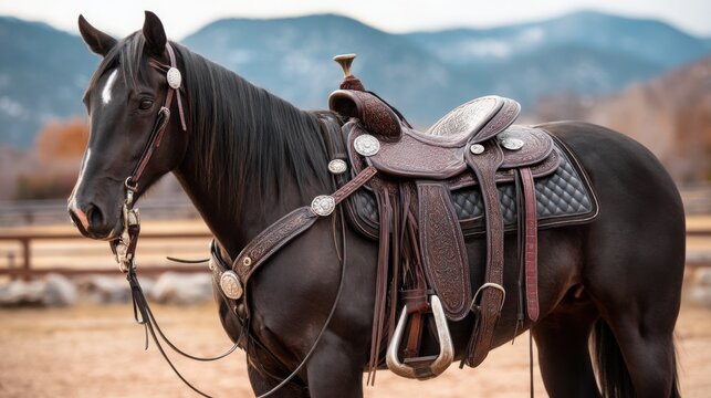 Elegant Black Horse with Riding Gear in Outdoor Mountain Setting