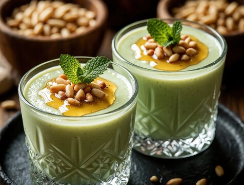 Two glass cups filled with zgougou pine nut cream dessert on dark wooden table. Sweet Tunisian pudding topped with honey mint leaves roasted seeds. Traditional Arabic food treat for religious holiday