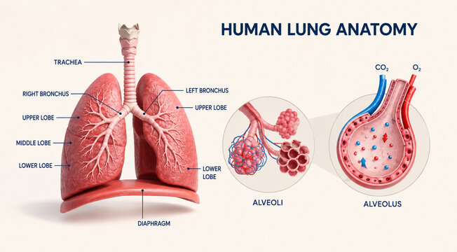 AI generated detailed medical illustration of human lung anatomy showing trachea bronchi alveoli oxygen carbon dioxide gas exchange for education