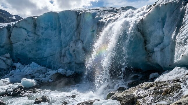 Waterfall flows over a blue glacial cliff in the mountains.