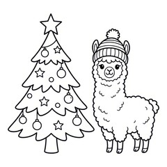 Naklejka premium Cute Llama wearing a beanie with a Christmas tree coloring page