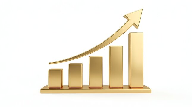 Three dimensional golden bar chart with an upward trending arrow indicating financial growth isolated on a plain white background