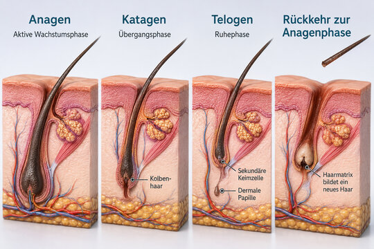 AI generated educational medical infographic illustrating hair growth cycle including anagen catagen telogen new growth detailed follicle anatomy for biology dermatology learning