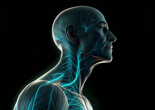 Illuminated human nervous system from the side profile view