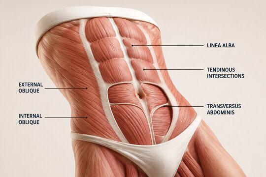 AI generated abdominal muscle anatomy illustration showing rectus abdominis oblique muscles transversus abdominis linea alba fascia connective tissue for medical education anatomy training