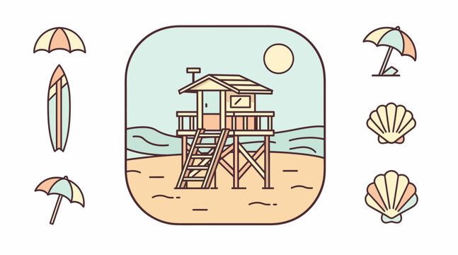 Beach lifeguard tower with umbrella, surfboard and seashell