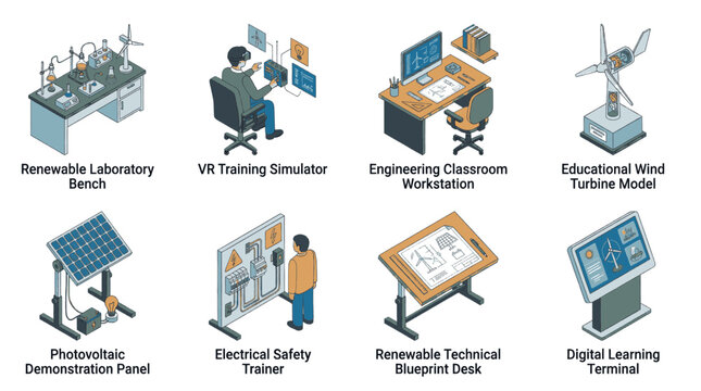 Collection of isometric illustrations depicting various educational and training equipment for renewable energy and engineering fields.
