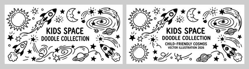 Kids Space Doodle Collection 2026, Hand-Drawn Astronautical Cosmos Elements, Rockets Stars and Planets © Andri_Taulana