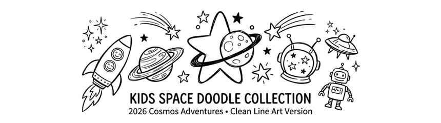 Hand Drawn Kids Space Doodle Collection 2026 with Rocket, Astronaut, Robot and Planets Line Art Vector © Andri_Taulana