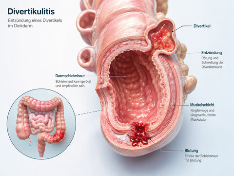 AI generated diverticulitis colon anatomy diagram showing inflamed diverticulum intestinal mucosa muscle layer bleeding digestive structure for medical education healthcare use
