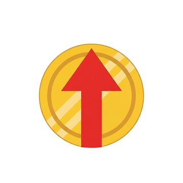 Golden coin with a red upward arrow symbol isolated on a white background representing growth success or financial increase